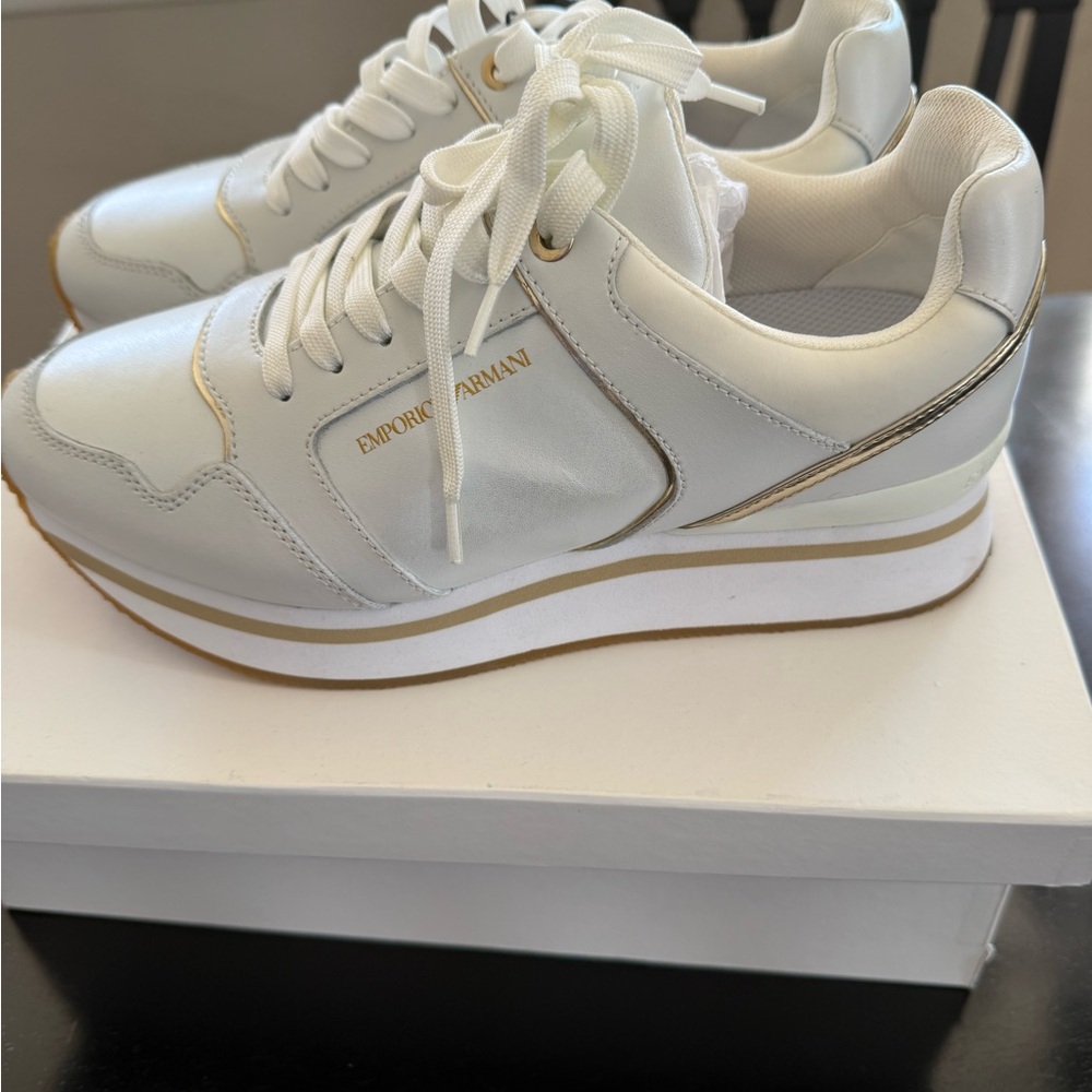 Emporio Armani Women's White and Gold Sneakers Size 8